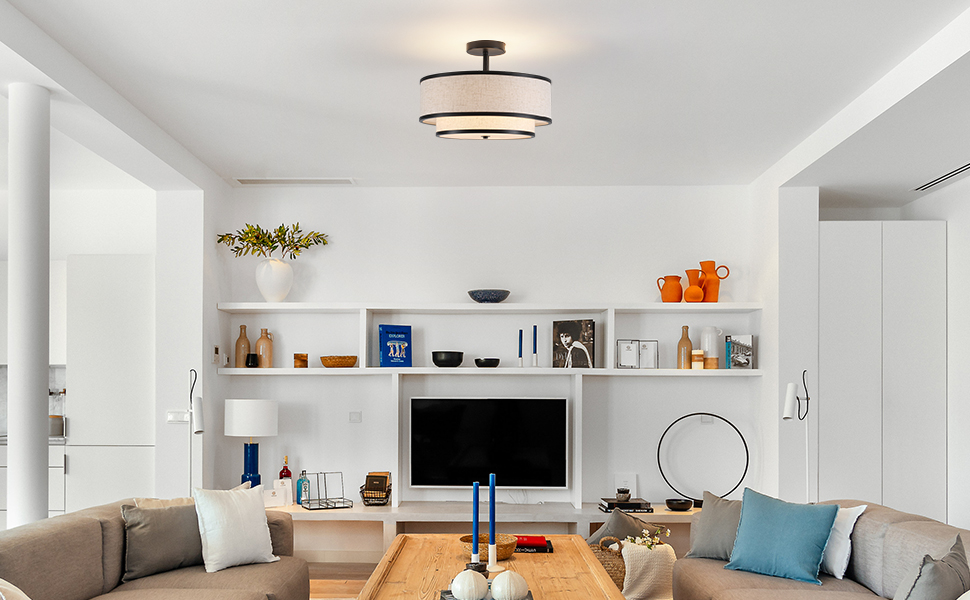 TGBFDWSE Farmhouse Close to Ceiling Light, 3-Light Flush Mount Ceiling Light Fixture with 2-Layer Fabric Shade, Modern Drum Ceiling Lamp for Hallway Bedroom Living Room (Black) - Amazon.com