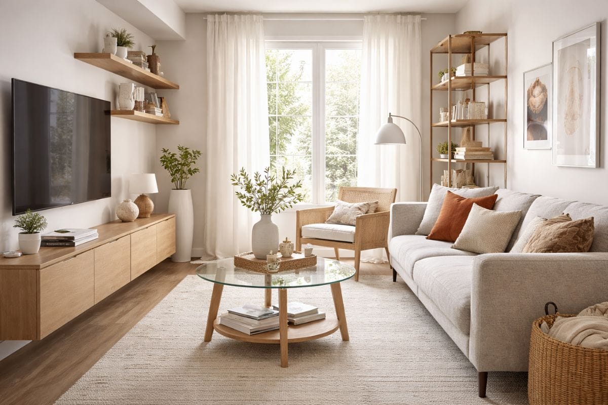 Small Scandinavian living room with a compact neutral sofa, light wood furniture, and soft textiles
