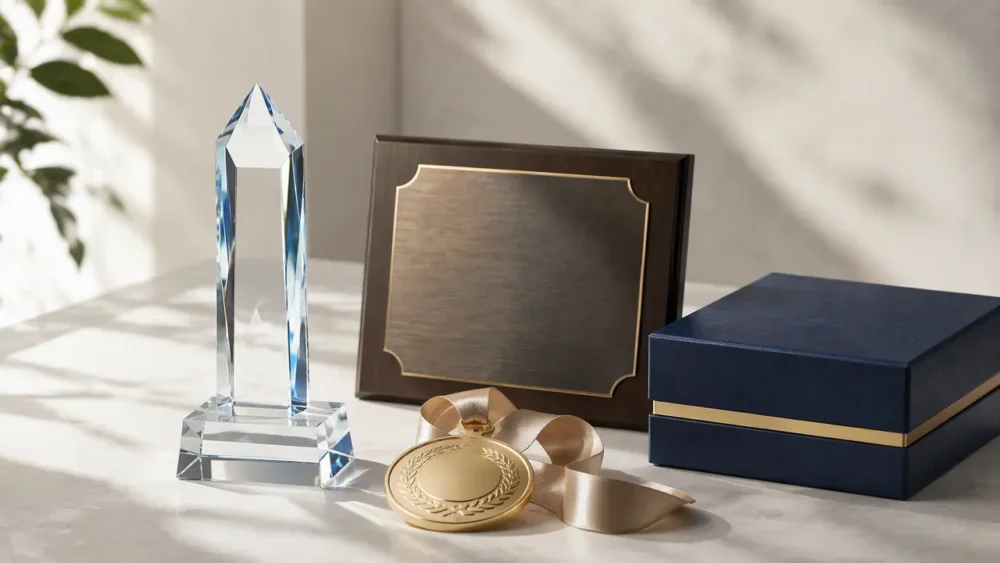 Custom trophy, medal, plaque, and presentation box for a China sourcing guide