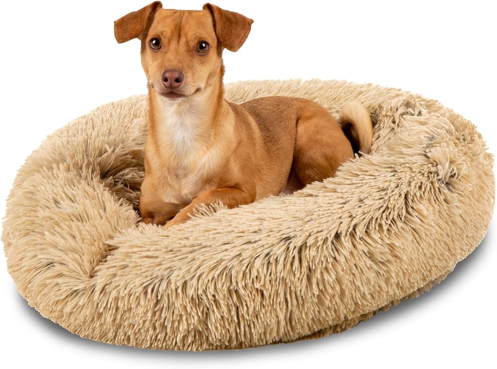 Amazon.com : Best Choice Products 23in Dog Bed Self-Warming Plush Shag Fur Donut Calming Pet Bed Cuddler w/Water-Resistant Lining, Raised Rim - Brown : Pet Supplies