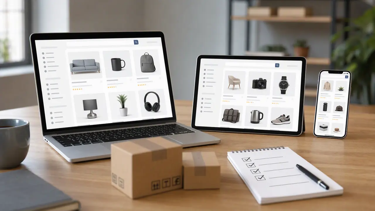Shopper comparing online marketplace options across multiple devices