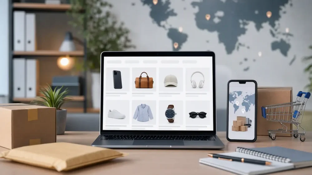 Online marketplace shopping and international package delivery illustration