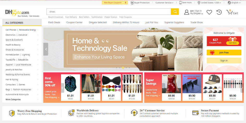 Marketplace interface displaying products from multiple sellers