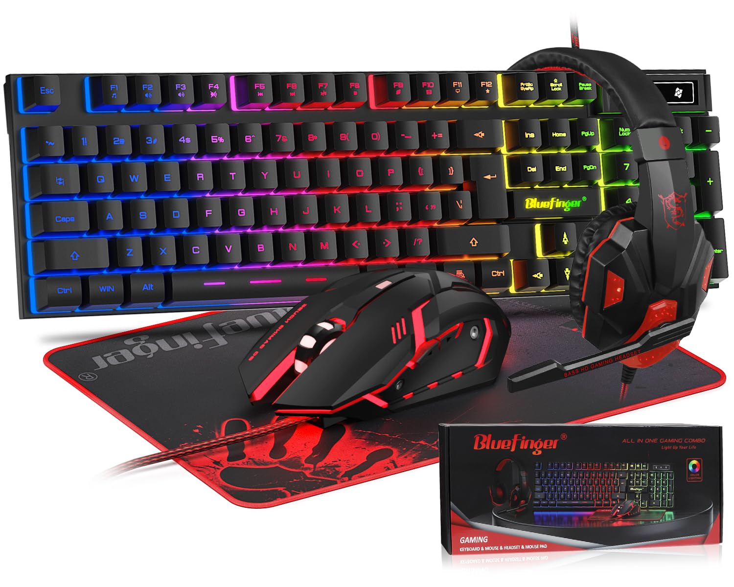 Amazon.com: BlueFinger RGB Gaming Keyboard and Backlit Mouse and Headset Combo, USB Wired Backlit Keyboard, LED Gaming Mouse Set, Headset with Microphone for Laptop PC Computer Game and Work : Electronics