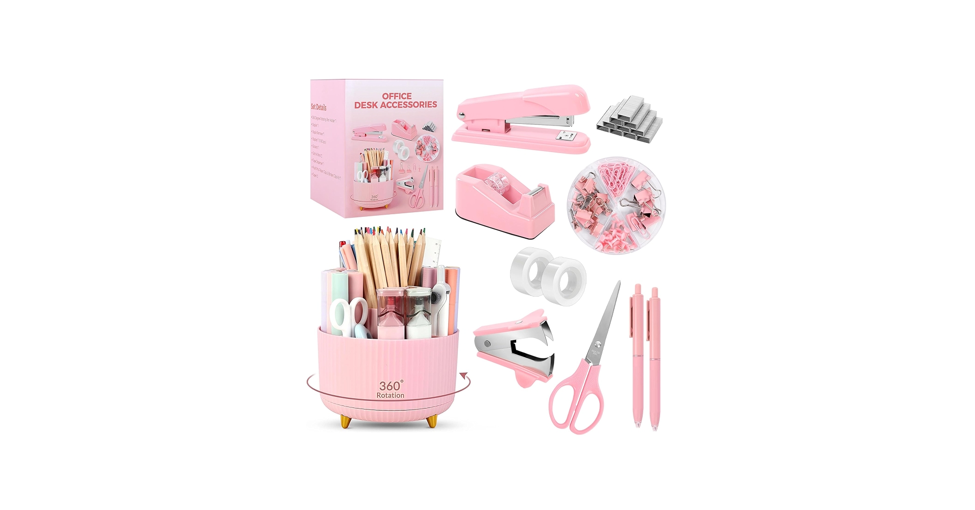 Amazon.com: SKYDUE Pink Office Supplies Set, Pencil Holder for Desk,Gel Pen, Stapler, Tape Dispenser, Scissors,Clips and 1000pcs Staples, Office Decor for Women, Pink Desk Accessories : Office Products