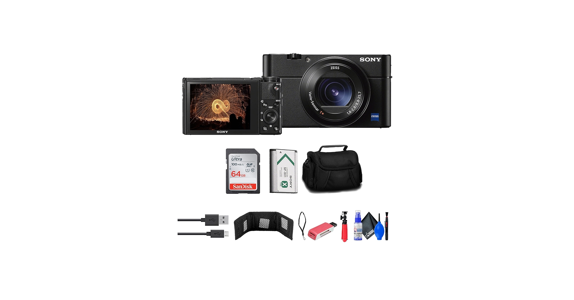 Amazon.com : Sony Cyber-Shot DSC-RX100 VA Digital Camera (DSC-RX100M5A/B) + Case + 64GB Card + Card Reader + Flex Tripod + Memory Wallet + Cleaning Kit (Renewed) : Electronics