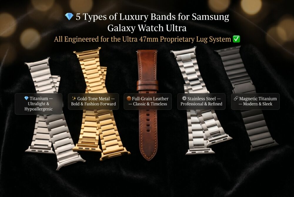 Five replacement watch bands in different colors and materials for a Samsung Galaxy Watch Ultra