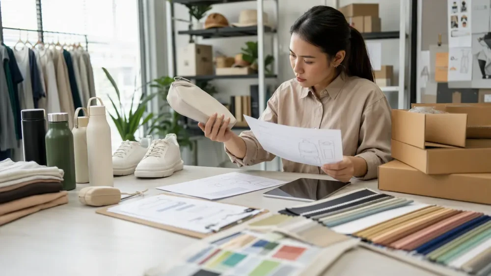 Wholesale buyer comparing supplier samples, specifications, and shipping cartons