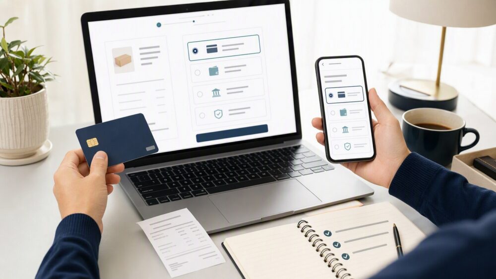 Buyer reviewing payment options, checkout details, order records, and an unbranded payment card before placing an online order