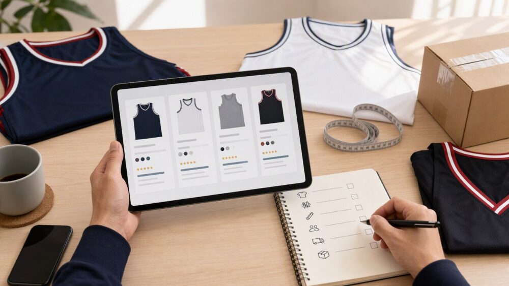 Buyer comparing unbranded basketball-style jersey listings, sizes, materials, seller feedback, and order details before purchase