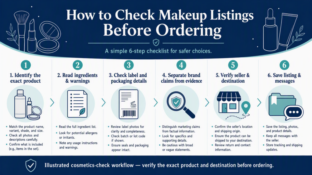 Illustrated six-step cosmetics listing check workflow: identify the exact product, read ingredients and warnings, check label and packaging details, separate brand claims from evidence, verify seller and destination, and save listing and messages.