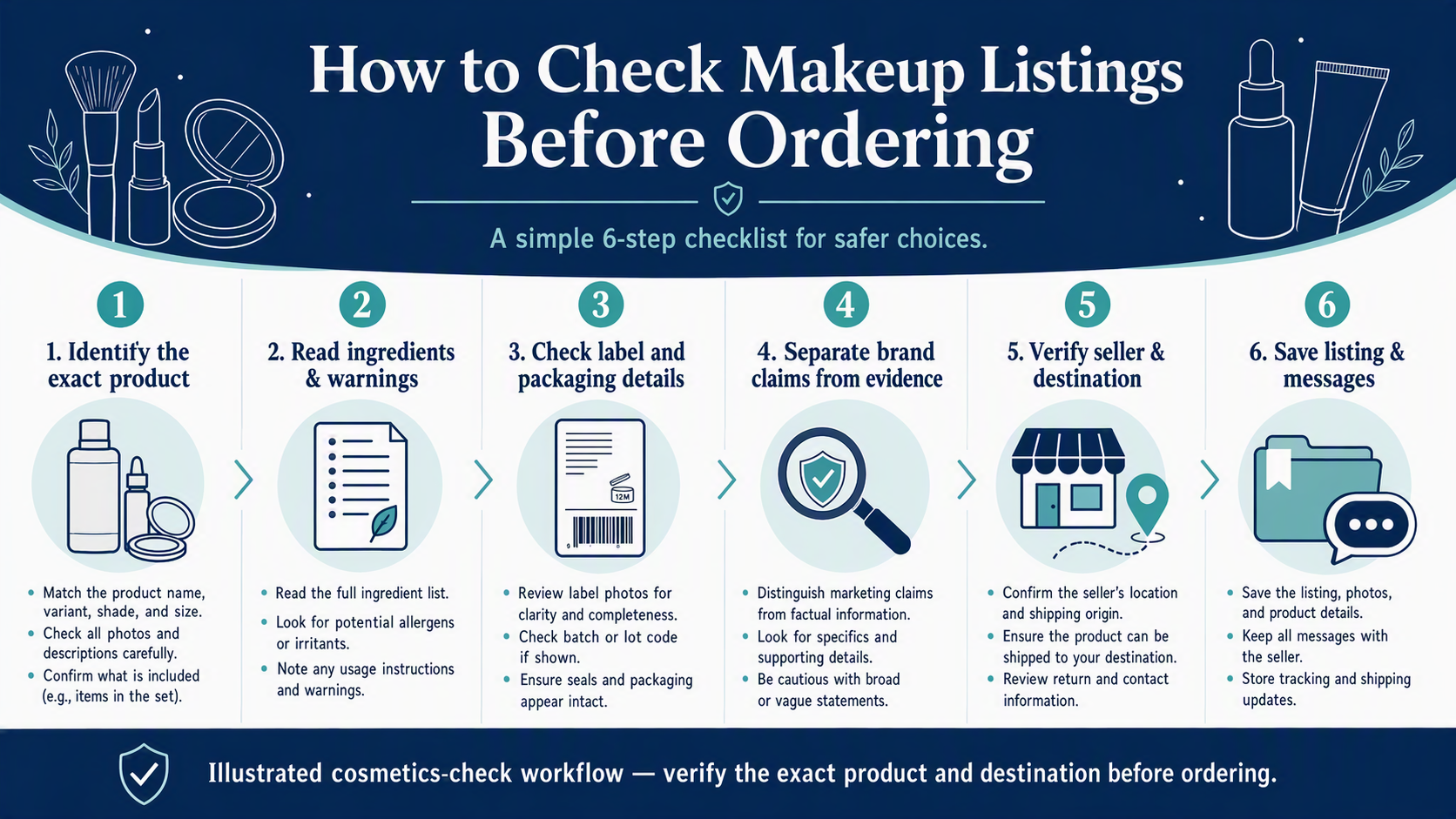 Illustrated six-step cosmetics listing check workflow: identify the exact product, read ingredients and warnings, check label and packaging details, separate brand claims from evidence, verify seller and destination, and save listing and messages.