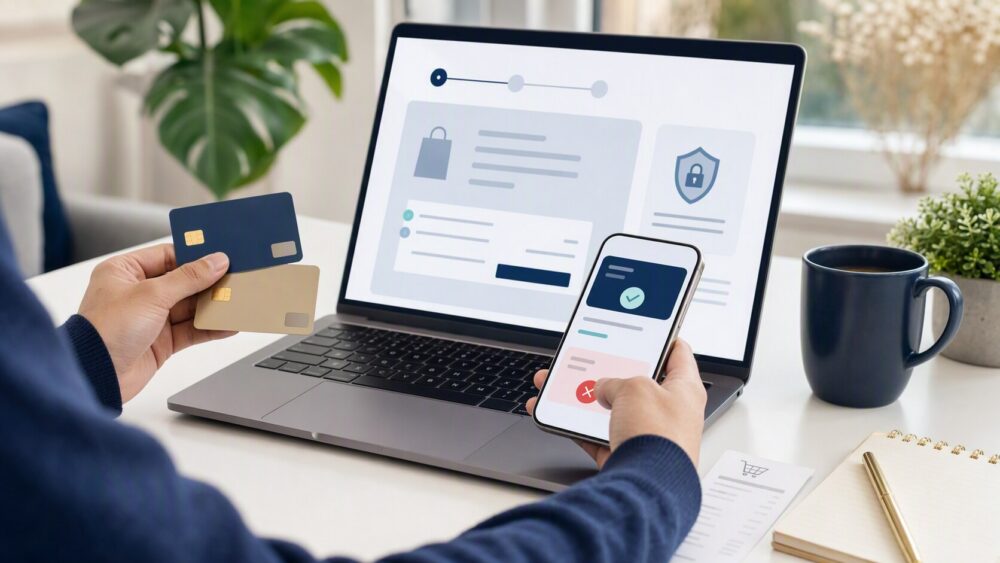 Buyer reviewing credit card payment options, checkout verification, order details, and secure online payment records before paying