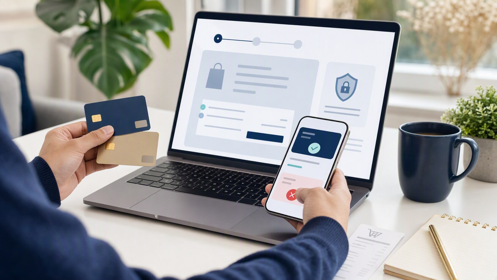 Buyer reviewing credit card payment options, checkout verification, order details, and secure online payment records before paying