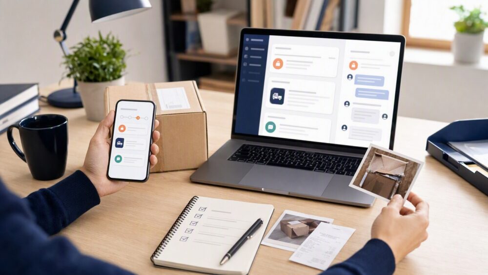Buyer organizing order details, parcel photos, seller messages, and refund evidence before submitting a request in the app