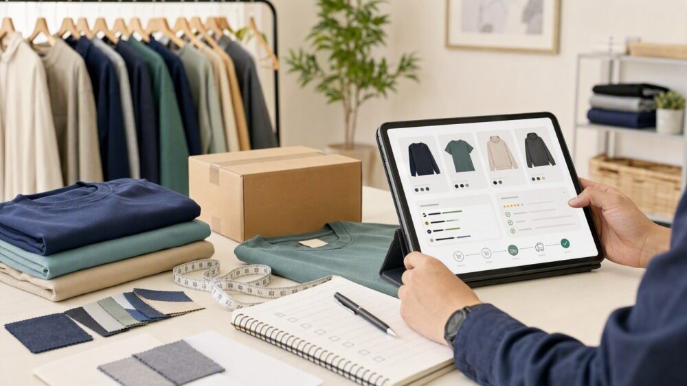 Buyer comparing unbranded clothing, fabric details, size measurements, seller feedback, and order records before purchase