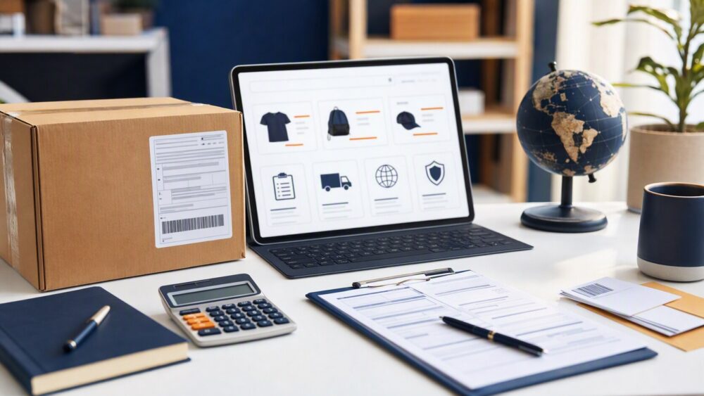 Buyer reviewing international parcel, shipping details, customs documents, and import costs before ordering online