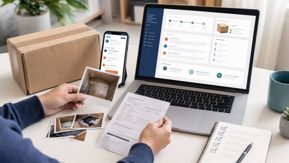 Buyer organizing order details, package photos, seller messages, tracking records, and dispute evidence before submitting a case