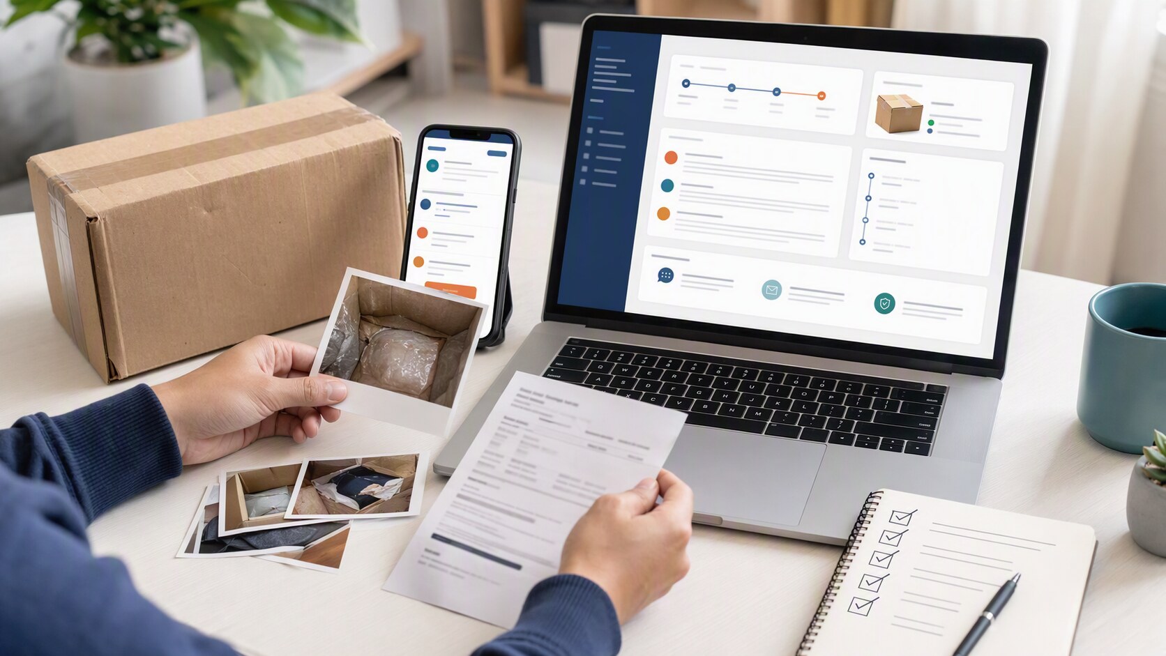 Buyer organizing order details, package photos, seller messages, tracking records, and dispute evidence before submitting a case