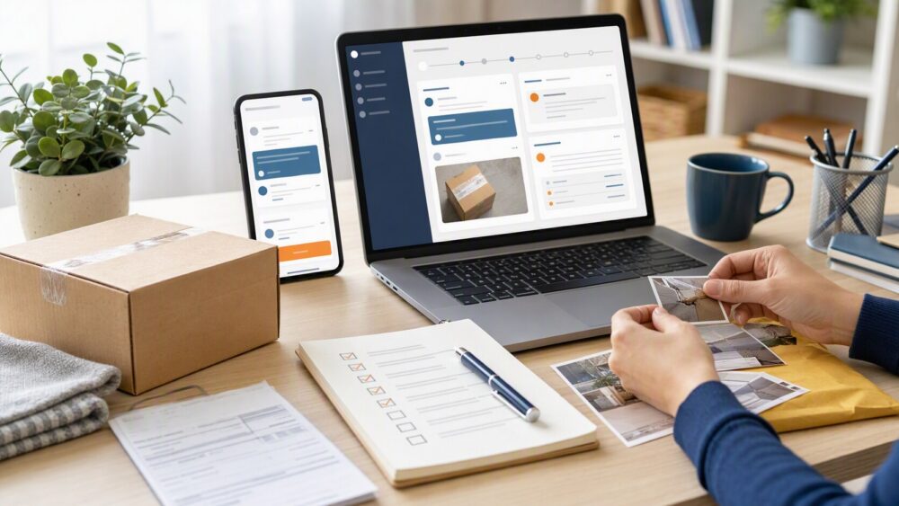 Buyer updating an order dispute with package photos, seller messages, tracking records, and evidence before submitting changes
