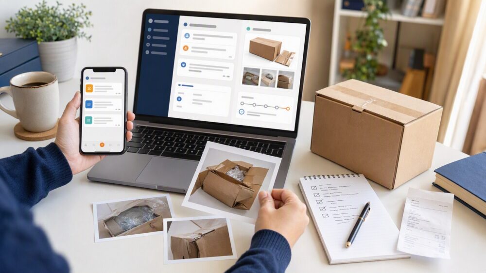 Buyer organizing order details, package photos, seller messages, tracking records, and dispute evidence before submitting a case