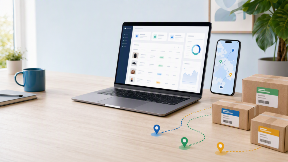 Order management dashboard, parcel tracking map, and multiple shipments