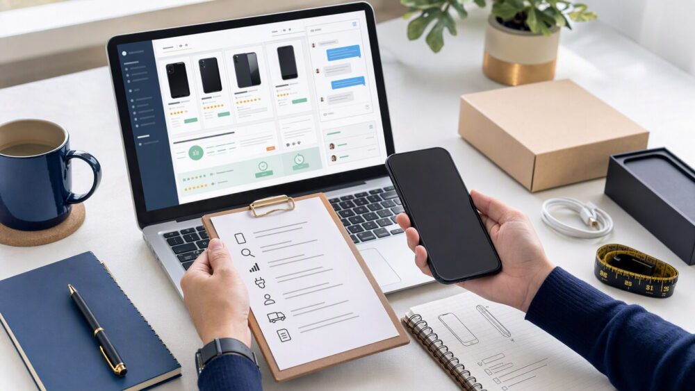 Buyer comparing unbranded phone details, network compatibility, seller feedback, accessories, and order records before purchase