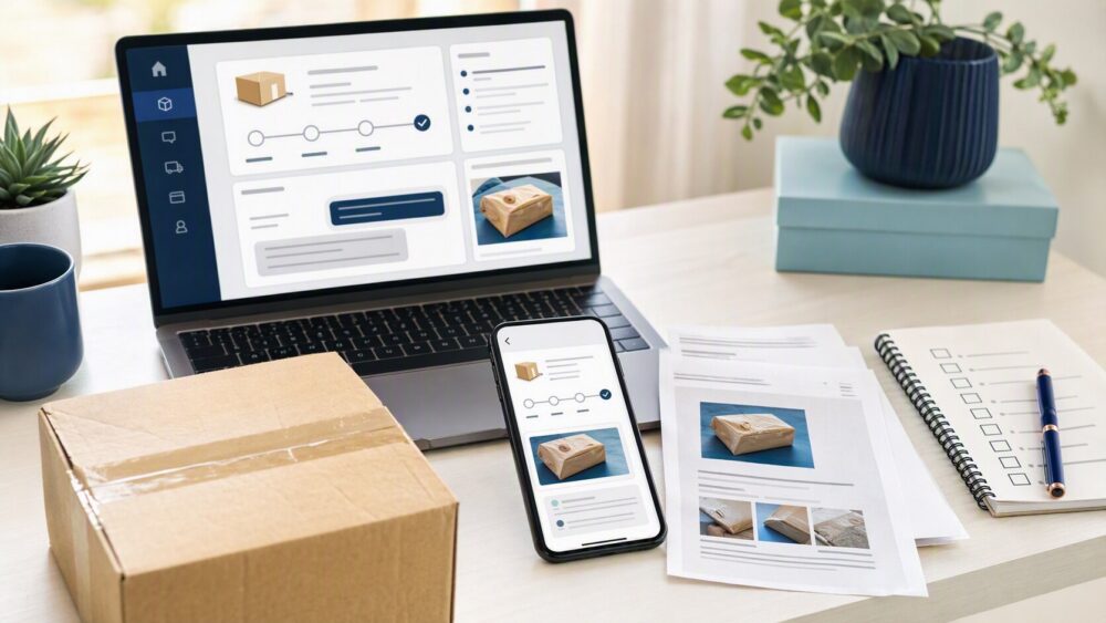Buyer reviewing a delivered order, parcel photos, seller messages, and refund evidence before submitting a request