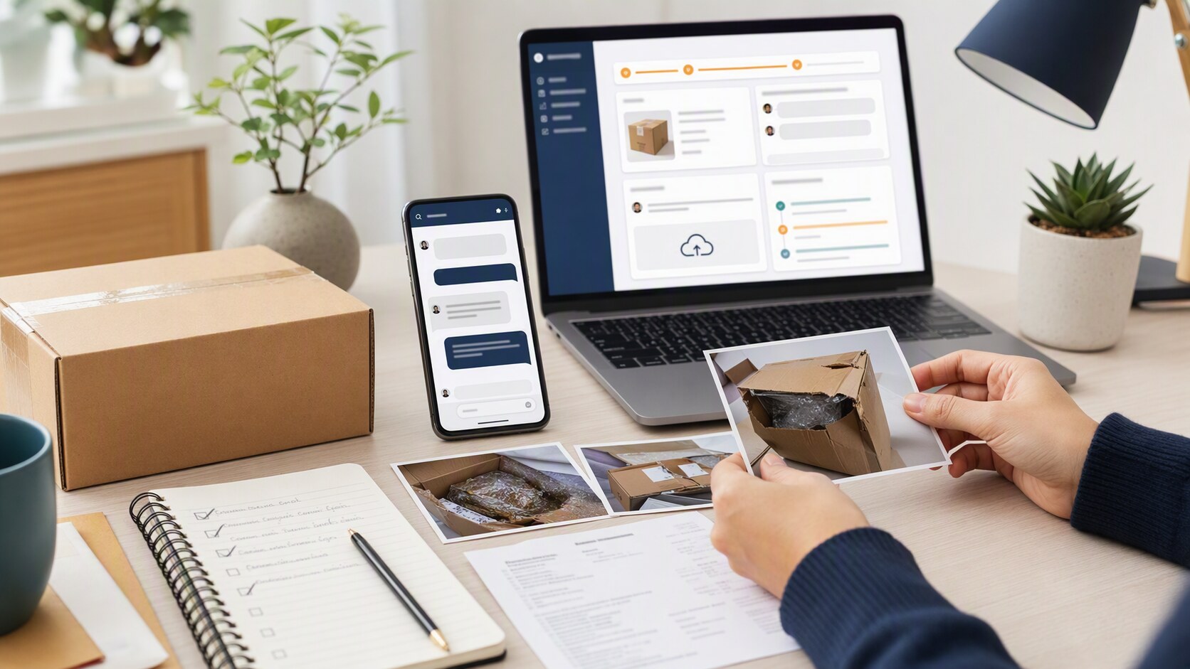 Buyer updating a refund request with package photos, seller messages, tracking records, and supporting evidence before submitting changes