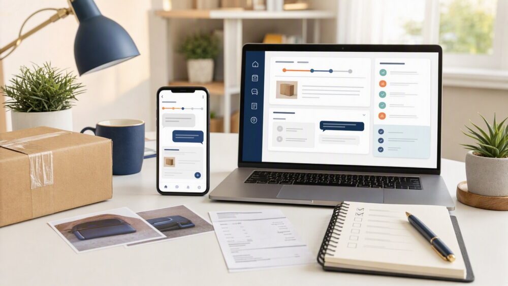 Buyer reviewing an order, parcel photos, return evidence, seller messages, and refund details before submitting a request