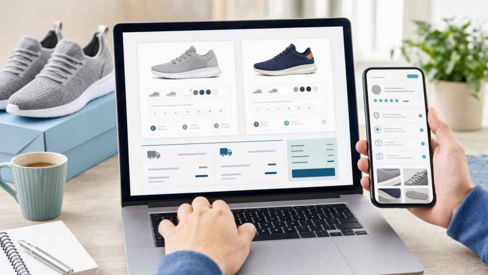 Buyer comparing product details, materials, size options, and seller information before ordering