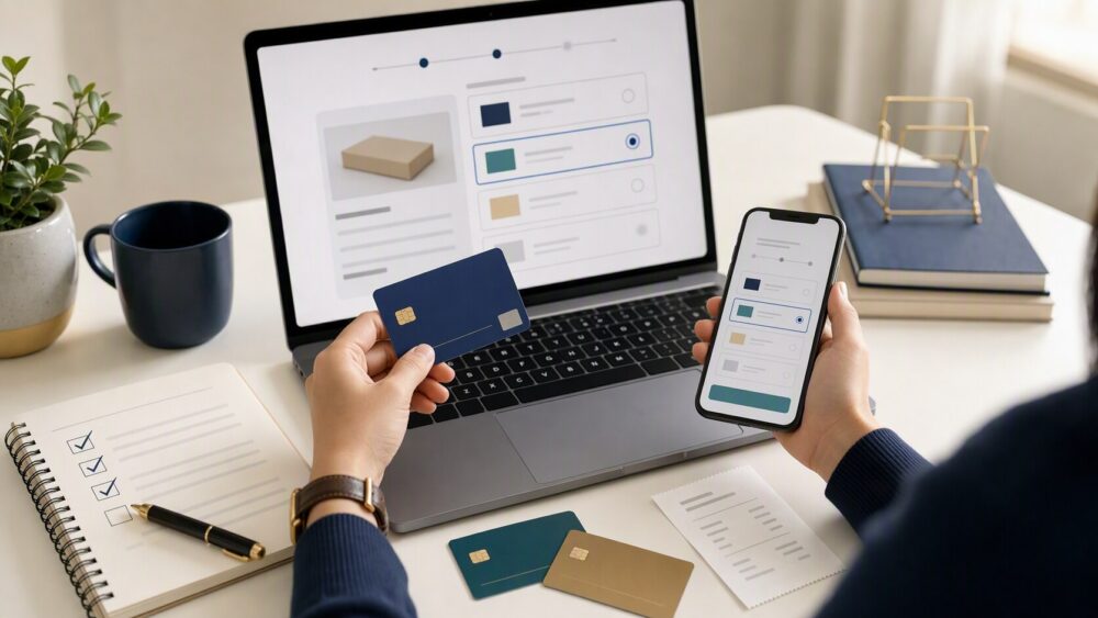 Buyer reviewing checkout payment options, order details, and an unbranded payment card before paying online