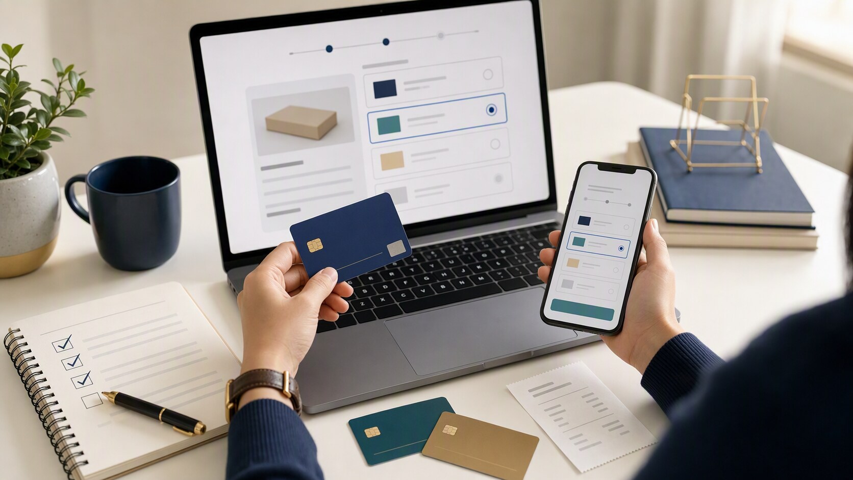 Buyer reviewing checkout payment options, order details, and an unbranded payment card before paying online