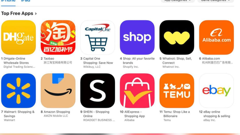 App Store search results showing DHgate, Amazon Shopping, Alibaba.com, and other marketplace apps