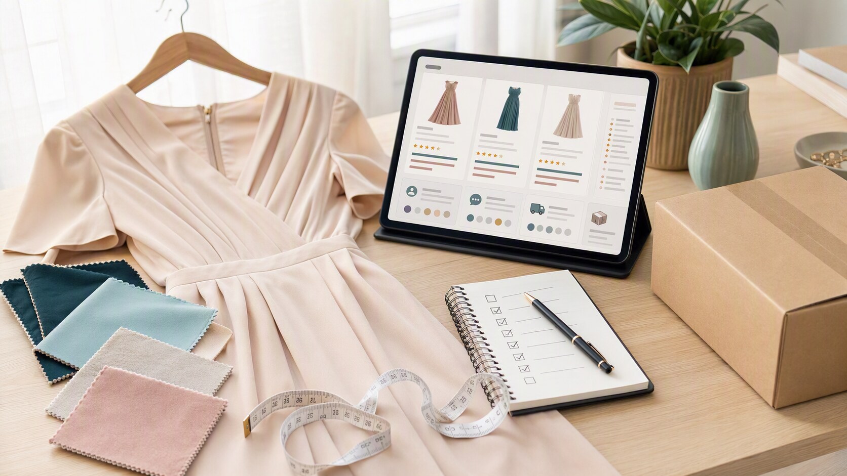 Buyer comparing an unbranded dress, size measurements, fabric details, seller feedback, and order information before purchase