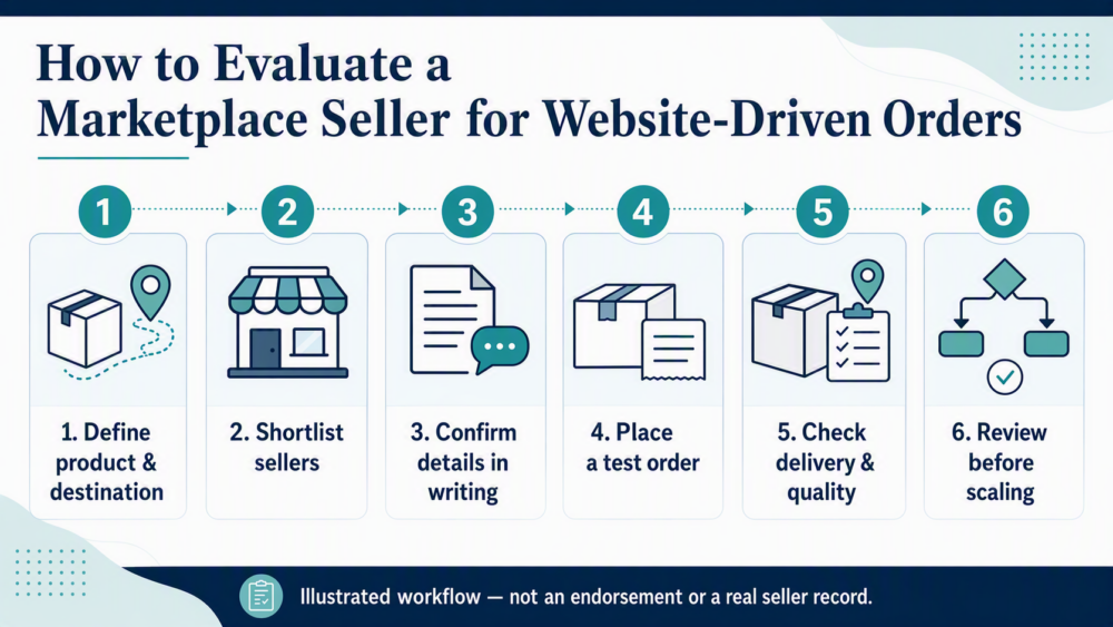 Illustrated six-step workflow for evaluating a marketplace seller for website-driven orders: define product and destination, shortlist sellers, confirm details in writing, place a test order, check delivery and quality, and review before scaling.