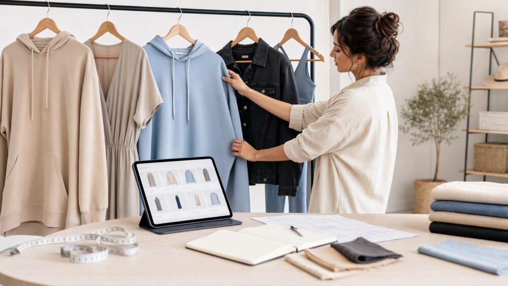 Fashion shopper comparing apparel styles, measurements, fabric swatches, and clothing options before ordering online