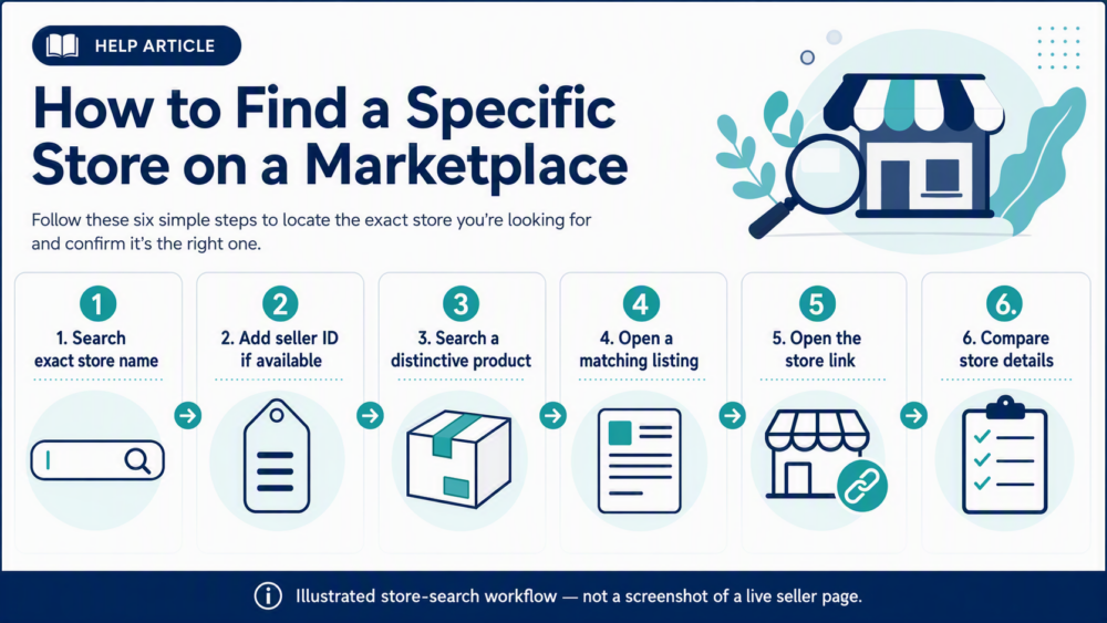 Illustrated six-step workflow for finding a specific marketplace store: search the exact store name, add a seller ID if available, search a distinctive product, open a matching listing, open the store link, and compare store details.