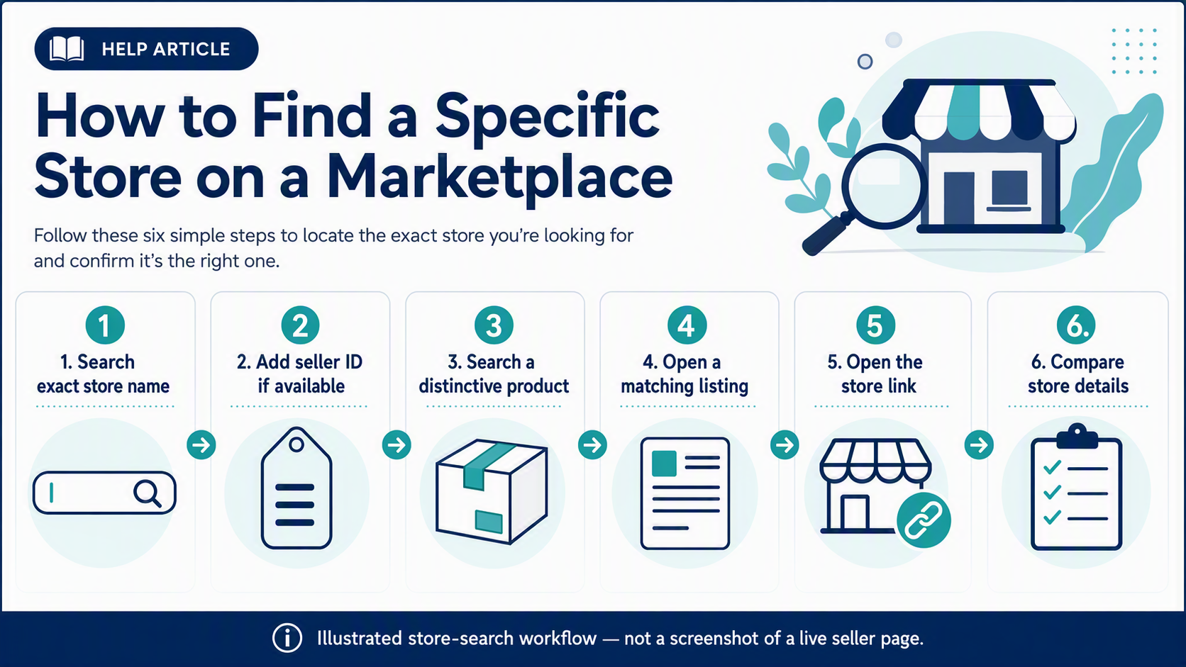 Illustrated six-step workflow for finding a specific marketplace store: search the exact store name, add a seller ID if available, search a distinctive product, open a matching listing, open the store link, and compare store details.
