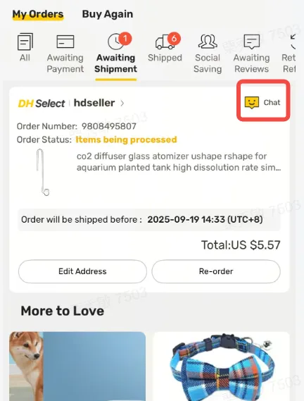 Mobile DHgate order page showing an awaiting-shipment order with the Chat button highlighted beside the seller name.