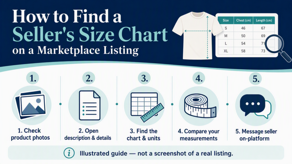 Illustrated five-step guide for finding a seller size chart in product photos and listing details, checking units, comparing measurements, and messaging the seller on-platform.
