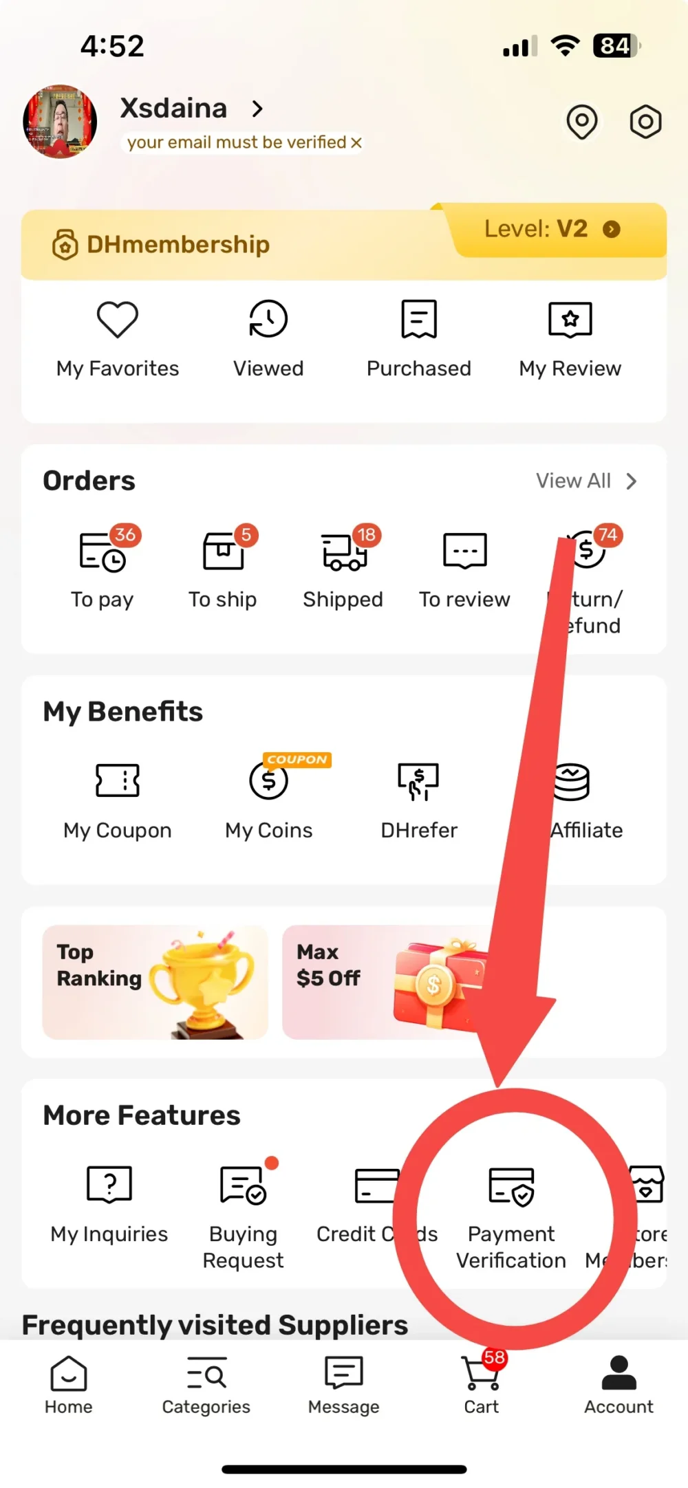 Remove a saved credit card from a DHgate account