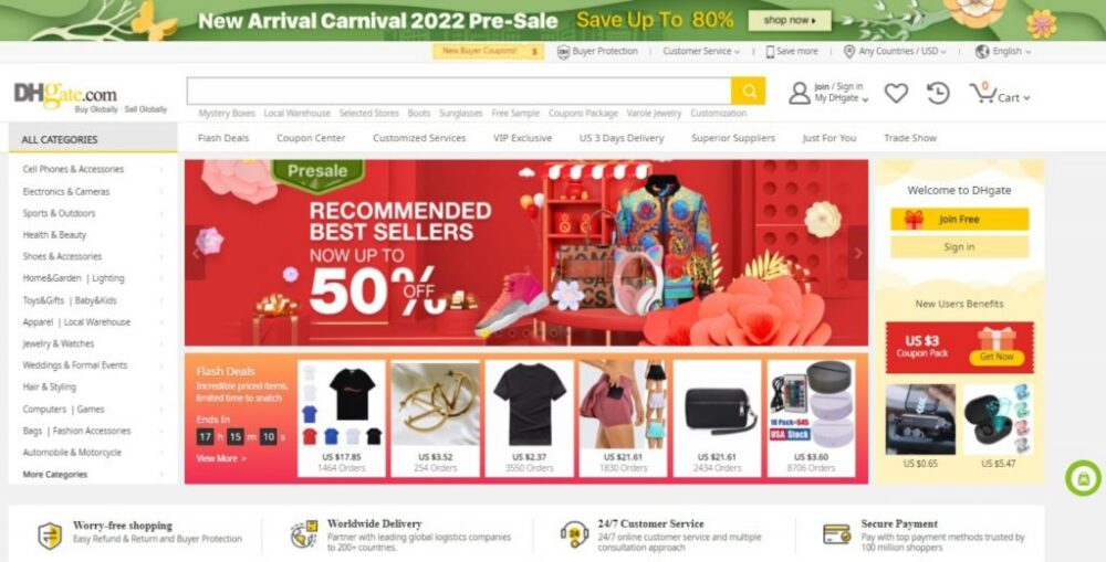 DHgate marketplace homepage showing product categories, a search bar, shopping cart, promotional banners, and buyer-protection navigation