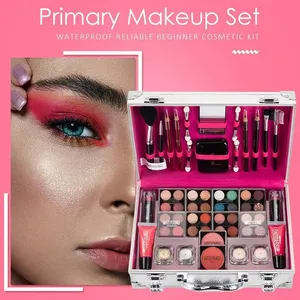 Open makeup case with eyeshadow palettes, brushes, lip products, and a close-up eye makeup look