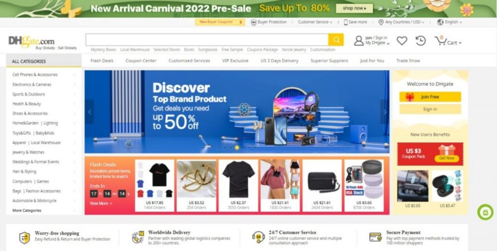 DHgate homepage screenshot showing the product search bar, category menu, and featured product listings