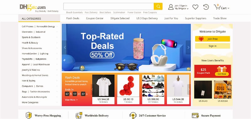 Older DHgate homepage interface showing the search bar, product categories, and account navigation