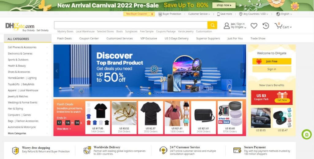 Older DHgate marketplace homepage showing the search bar, product categories, and account navigation
