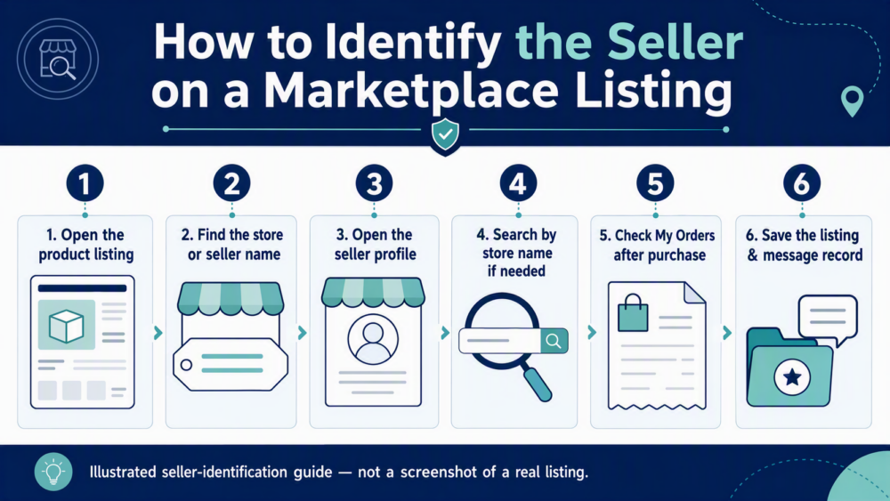 Illustrated six-step guide for identifying a marketplace seller from a product listing, store name, seller profile, search, order record, and saved messages.