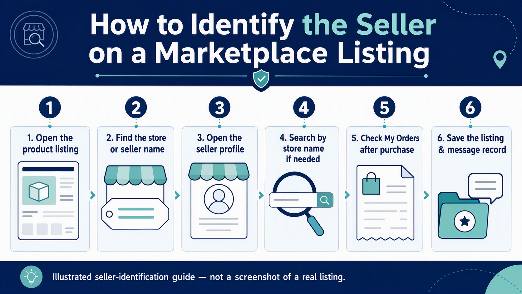 Illustrated six-step guide for identifying a marketplace seller from a product listing, store name, seller profile, search, order record, and saved messages.