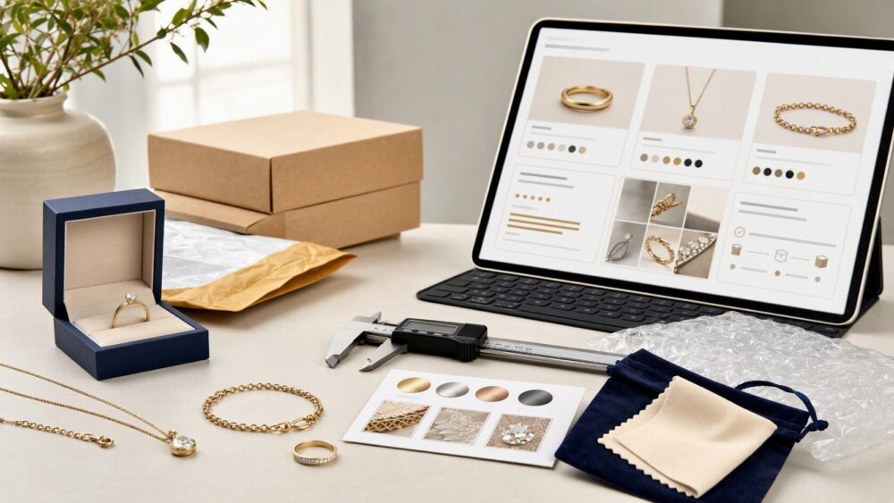 Buyer comparing unbranded jewelry materials, close-up details, seller feedback, packaging, and order records before purchase